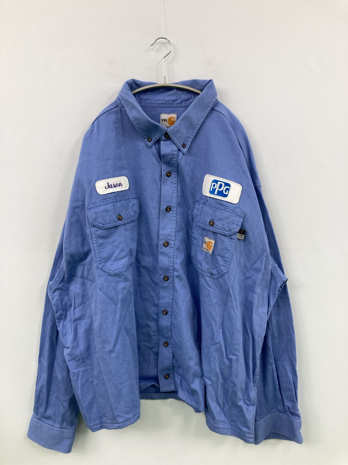 Carhartt カーハート シャツ/ブラウス 4XL ブルー コットン ナイロン 無地 ワンポイント ブランドロゴ 刺繍 ミドル丈 長袖 ボタンダウン レギュラーカラー メンズ