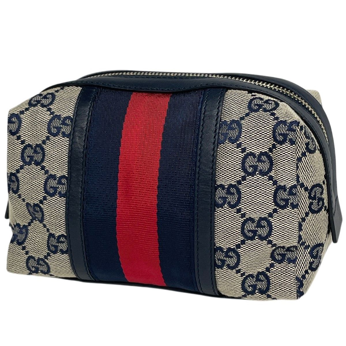グッチ GUCCI GG柄 ポーチ シェリーライン ウェブ GGキャンバス ベージュ ネイビー 256636 レディース 【中古】