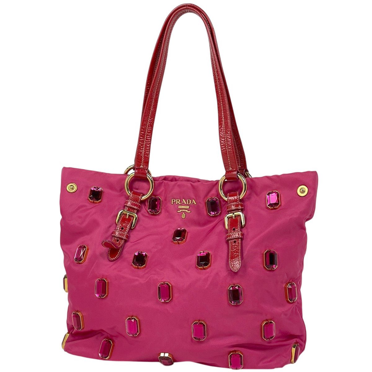プラダ PRADA ロゴ トートバッグ ビジュー ナイロン ピンク レッド