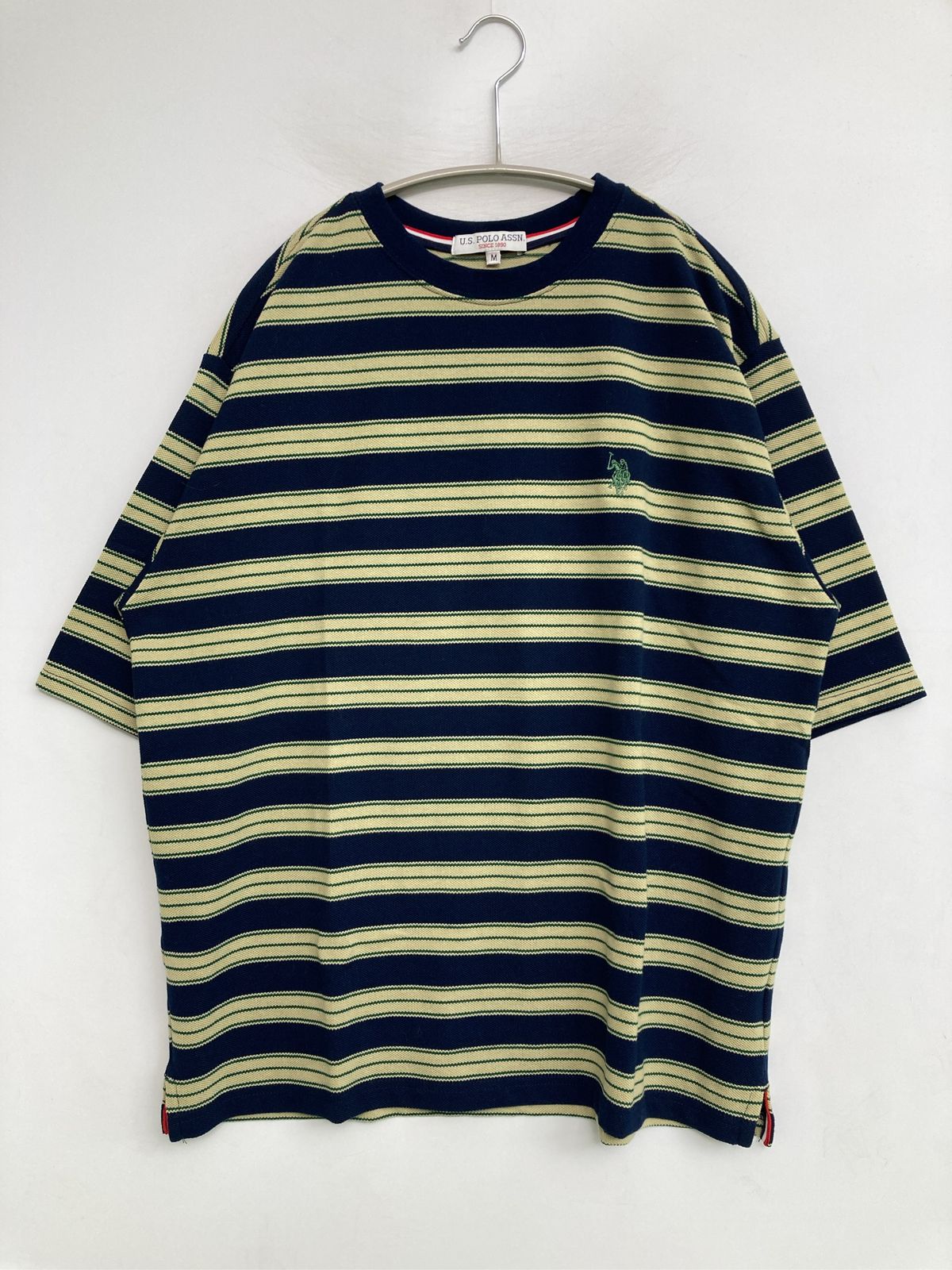U.S. POLO ASSN. ユーエスポロアッスン Tシャツ/カットソー M ネイビー ボーダー柄 ワンポイント ブランドロゴ 刺繍 ミドル丈 半袖 クルーネック(丸首) メンズ レディース