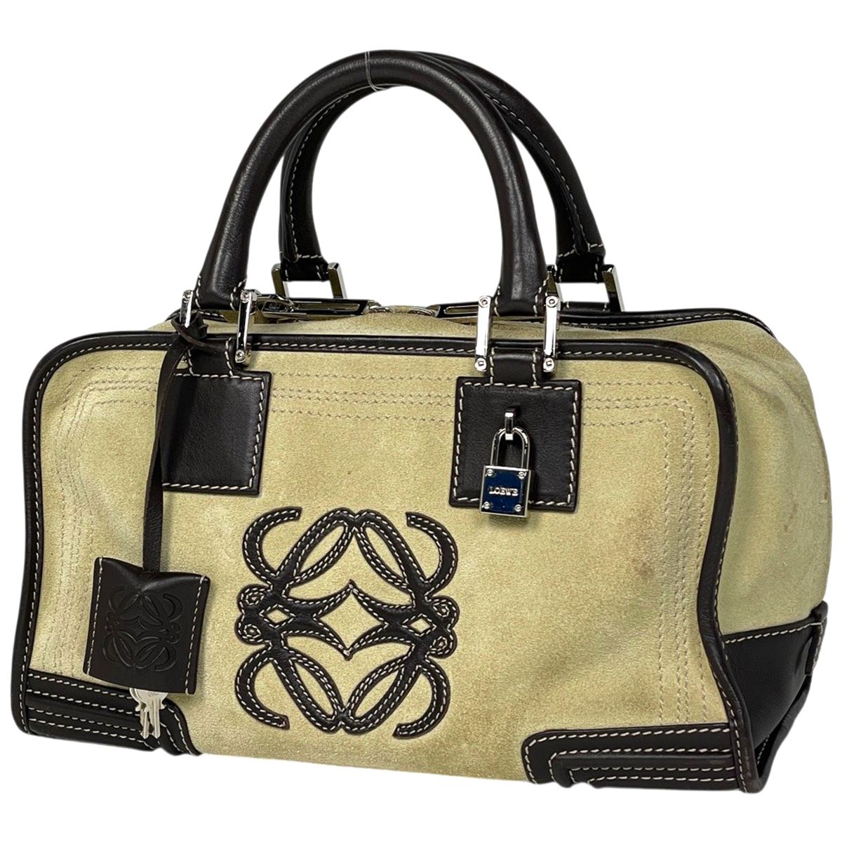 ロエベ LOEWE アマソナ28 アナグラム ハンドバッグ スエード ベージュ