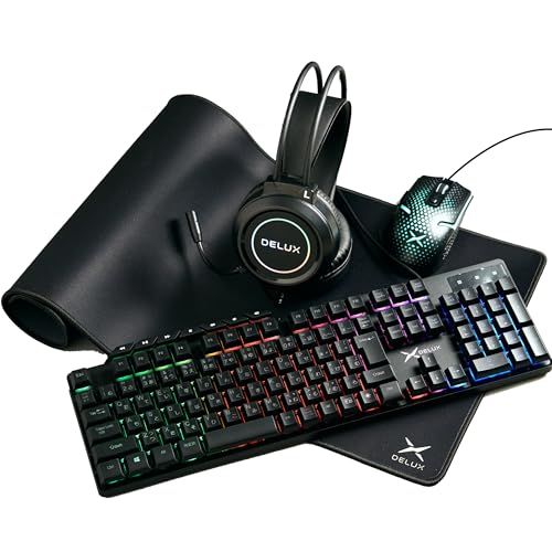 DELUX 光るゲーミングデバイス4点セット ブラック 日本語配列 109キー 7.1チャンネル 立体音響 DPI4段階調節可能 USB有線 RGBバックライト ワイドマウスパッド Switch/PS5/PS4 ボックス入り 日本語マニュアル DX4IN1ｍａ 10,841円