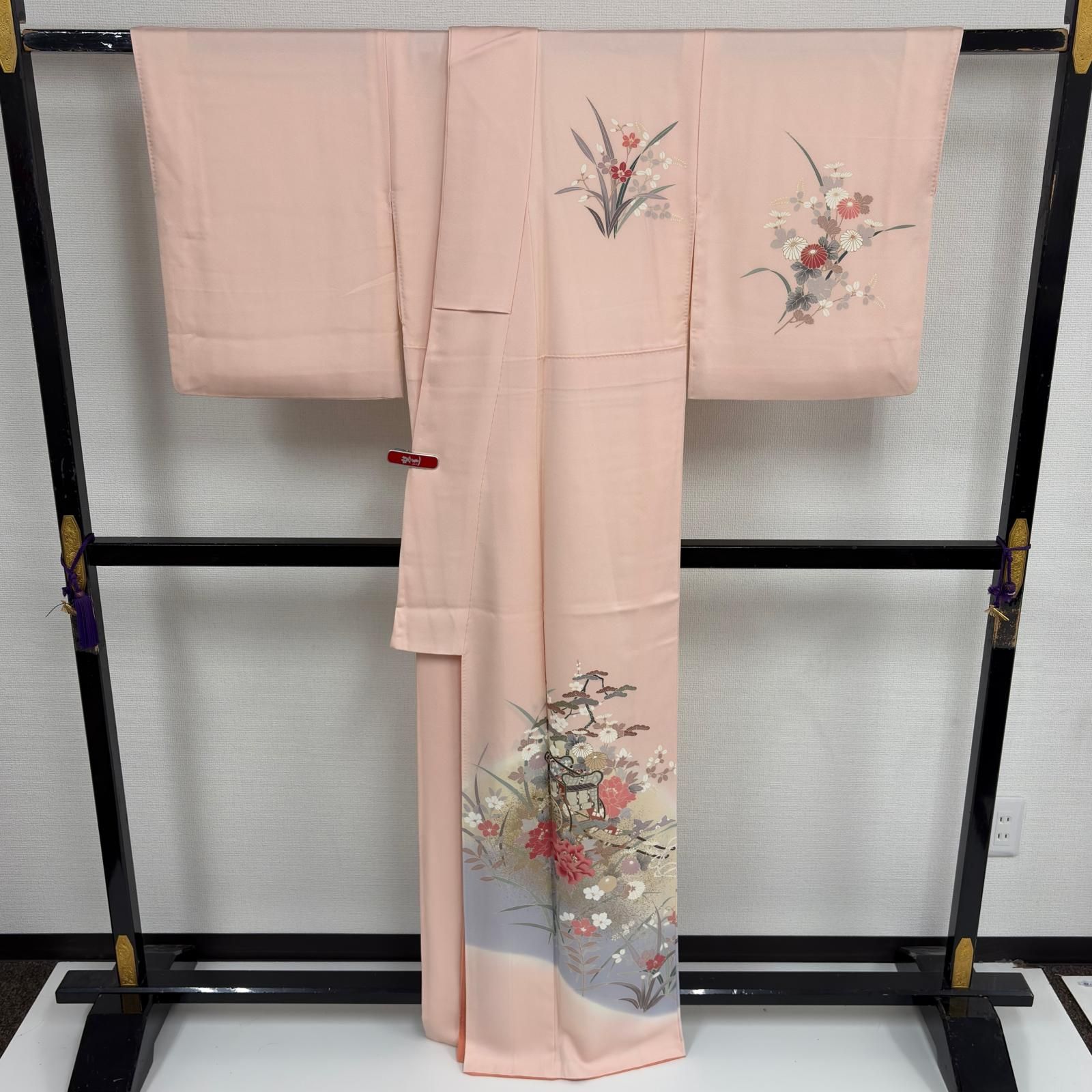 淡ベージュ 花柄 ピンクぼかし裾 秋春上品着物 正絹 付け下げ 正絹 紋なし 暈し染め 美しい染めの花 袷 着物 MK-8406
