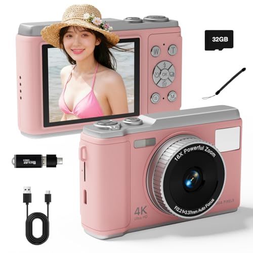 デジタルカメラ 携帯電話で内容を読み取ることができます 4K 5000万画素 デジカメ 2.8 インチスクリーン 16 倍デジタルズーム オートフォーカス 近接撮影 定時撮影 内蔵フラッシュ 32GBマイクロSDカード付き ウェブカメラ コンパクトVLOG★m