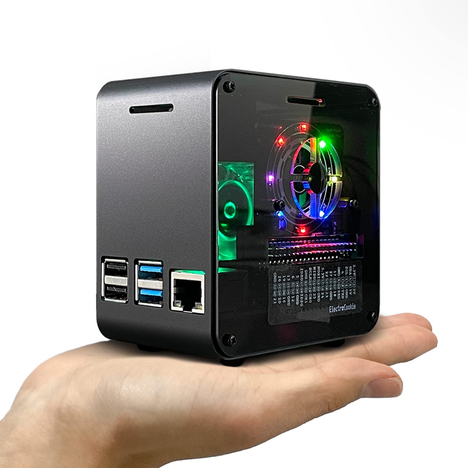 新品 ElectroCookie Raspberry Pi 4ケース アルミミニタワーケース 冷却ファンと色が変わるアンビエントライト(マットブラック&ダークグレー)