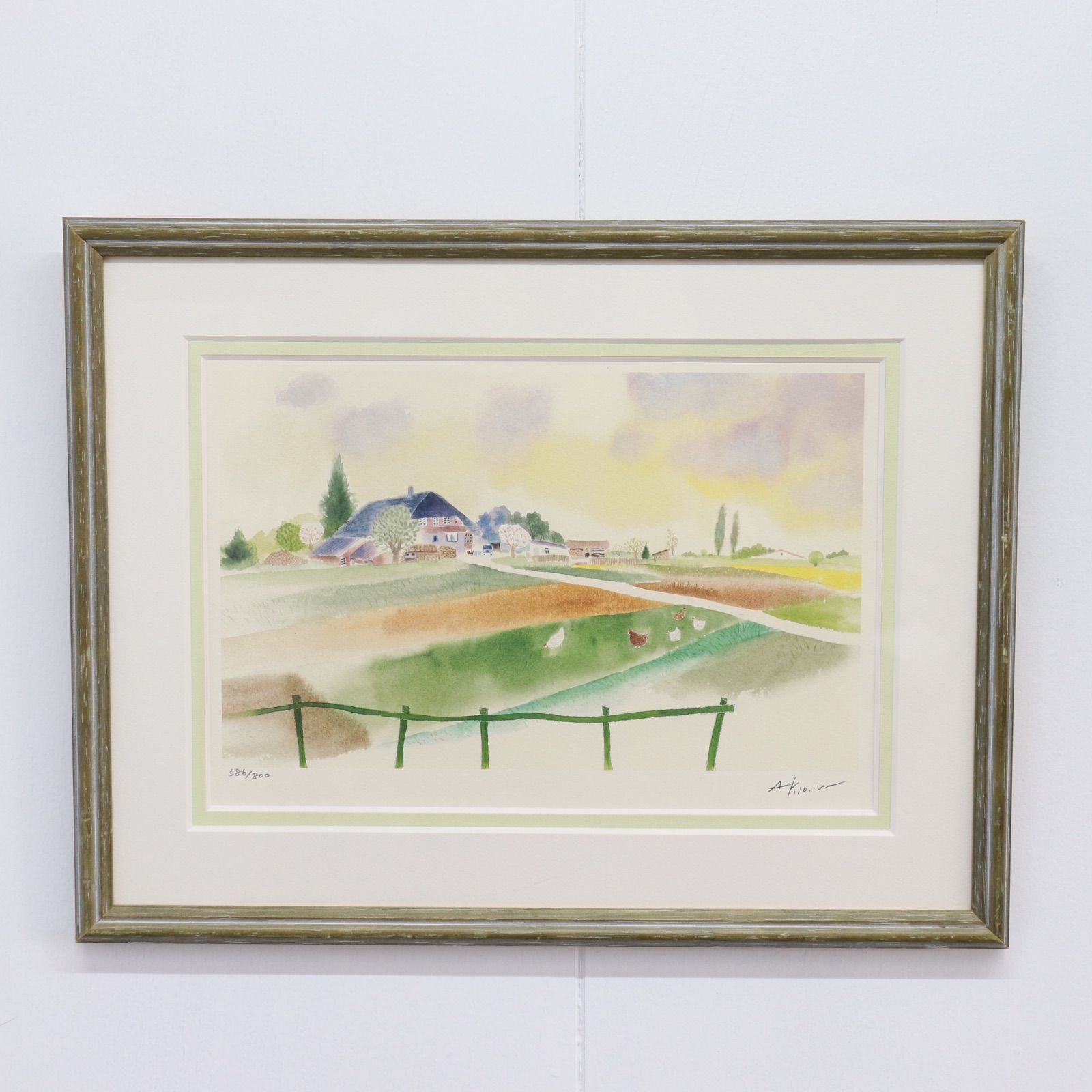 【即日発送】渡辺あきお Akio Watanabe 牧場の風景 版画 限定番号586/800 (幅40cm 高さ31cm) Aランク ラクルアート館