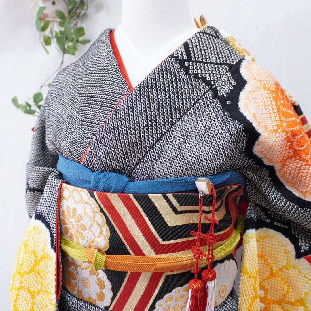 振袖7点フルセット366 正絹 成人式 卒業式 総絞り 大正ロマン 菊牡丹