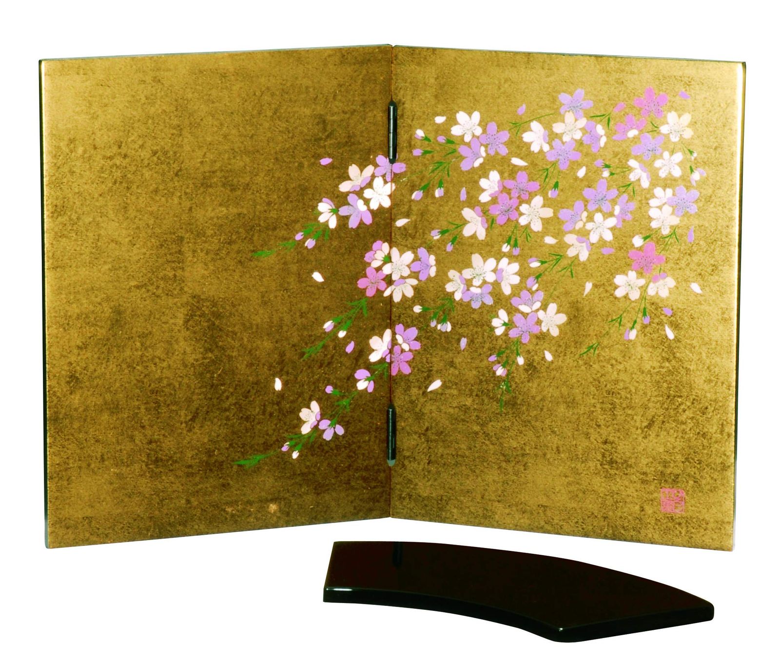 紀州のぬりもの 金箔 貼 姫 屏風 しだれ桜 金箔貼 花台付 22-87-6 衝立 屏風絵 パーティション 和 おしゃれｍａ
