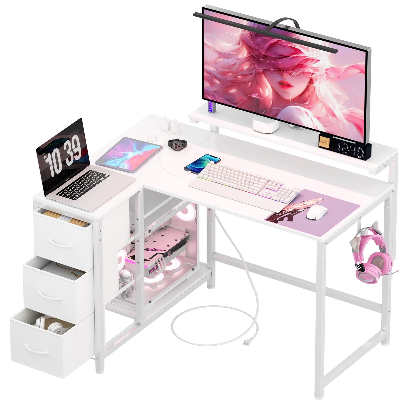 LunarLight PCパソコンデスク 幅108奥行き80高さ71.8cm テレワーク L型デスク・左右組み換え自由 3段調節モニター台（10?33.5cm対応） 引き出しとコンセント付き 収納たっぷり ゲーミングデスク オフィスデスク 書斎 収納ラックｍａ