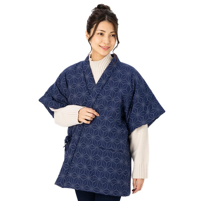 新品 綿の郷(ワタノサト) 日本製 はんてん 女性用 久留米ドビー織 綿入りはんてん 16100 (フリーサイズ 麻の葉 青)