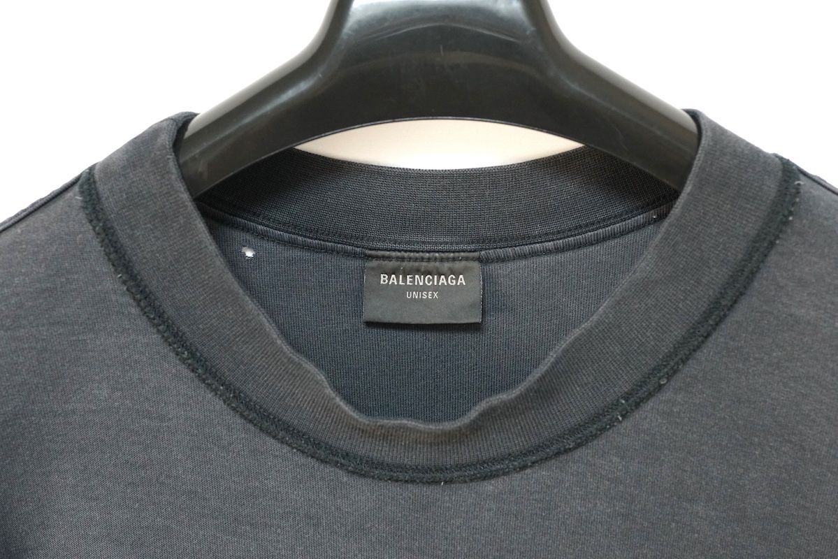 BALENCIAGA バレンシアガ ダメージ加工 ロゴ パッチ ショートスリーブ オーバーサイズTシャツ ブラック XLサイズ 822441TSVA2