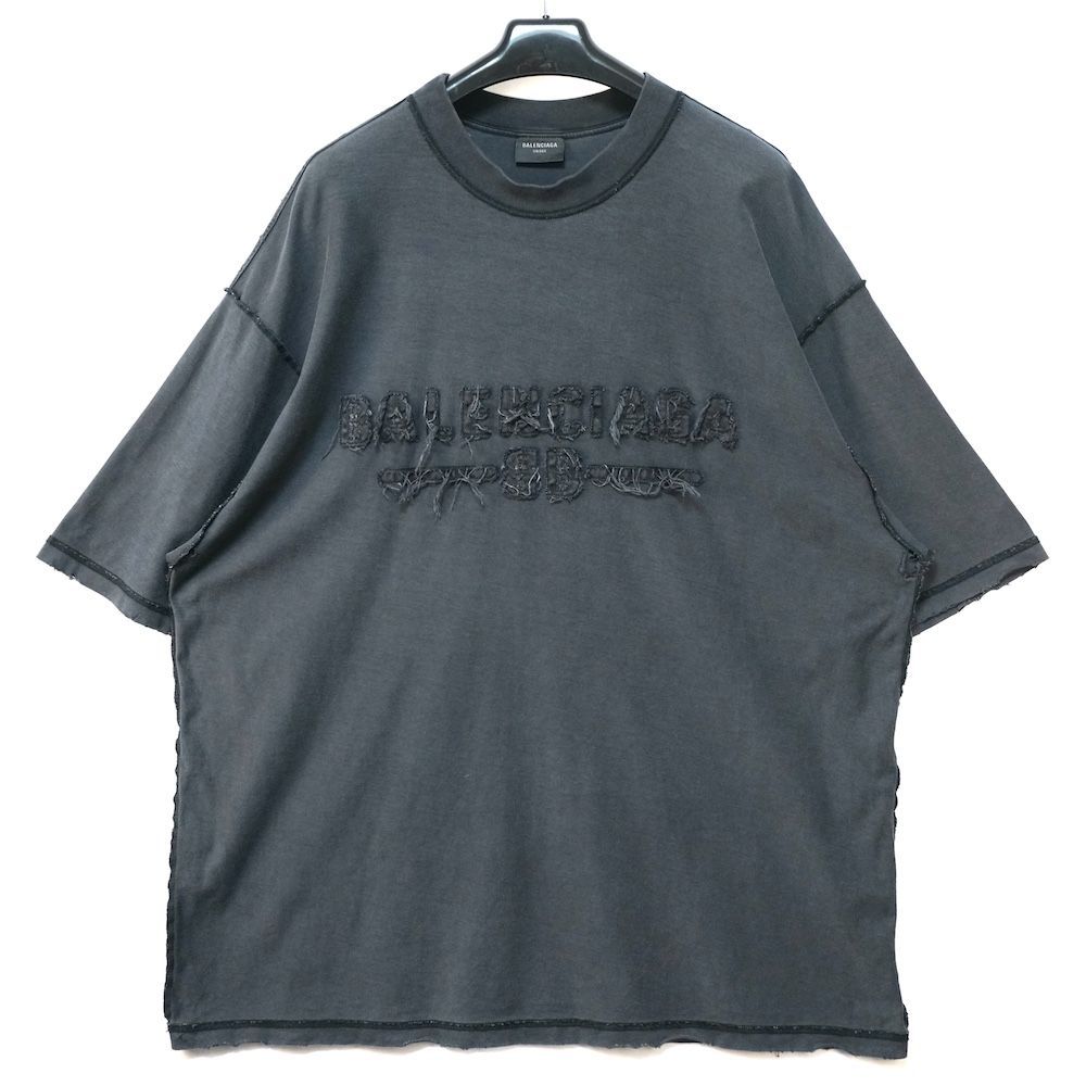 BALENCIAGA バレンシアガ ダメージ加工 ロゴ パッチ ショートスリーブ オーバーサイズTシャツ ブラック XLサイズ 822441TSVA2