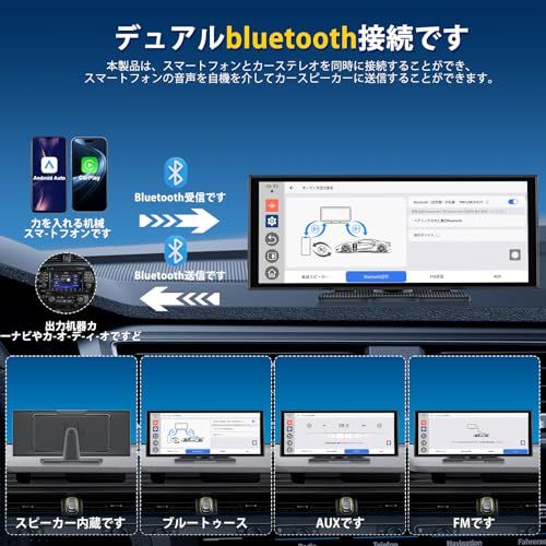 Accfly 11 インチプロフェッショナルディスプレイオーディオ 動画視聴対応（YouTube/Netflx Tiktok等アプリ）高清解像度 1920*720 デュアルスクリーン同期表示機能 ワイヤレスアンドロイドナビ（カーナビ）対応 ワイヤレス Ca★m