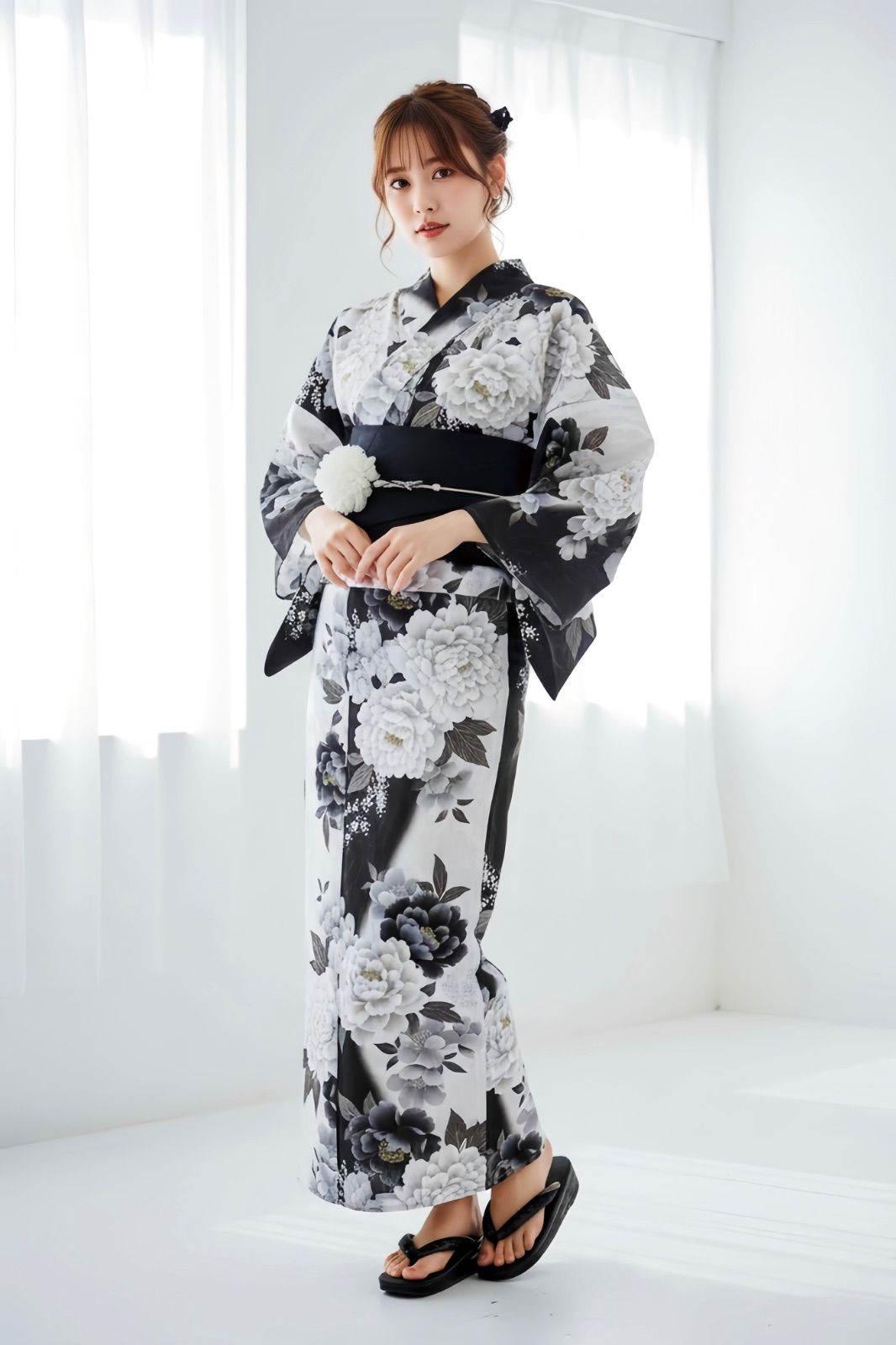 浴衣5点セット 黒×白 花柄 浴衣 モノトーン レディース浴衣 半幅帯 下駄