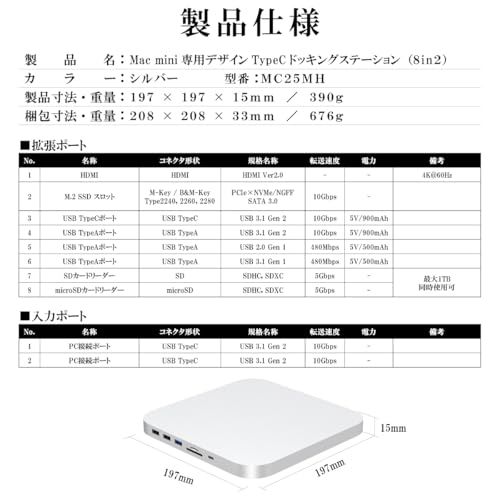 Mac mini ドッキングステーション TypeC (8in2) シルバー 型番:MC25MH / M.2 スロット HDMI 3画面対応 / 前面 USB TypeA ×3 USB TypeC SD microSDカードリーダー/Macmini M2 ma Mac mini ドッキングステーション TypeC (8in2) シルバー 型番:MC25MH / M.2 スロット HDMI 3画面対応 / 前面 USB TypeA ×3 USB TypeC SD microSDカードリーダー/Macmini M2 ma