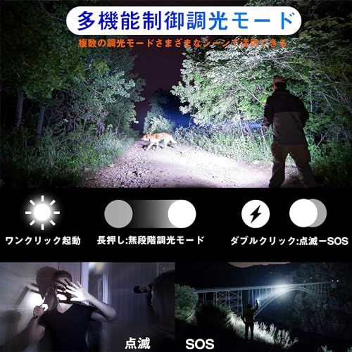 懐中電灯 LED 強力 超高輝度 2000000ルーメン 軍用最強 Type-C USB充電式/電池式ハンドランプ IPX 67防水 新型 無極調光 ズーム式 耐衝撃 余裕表示 登山 夜釣り 夜間訓練 作業用 停電 防災 地震 避難対策 クリスマスプレゼンｍａ