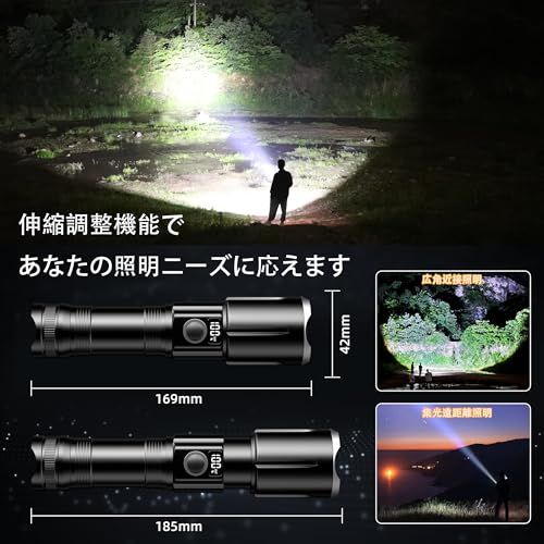 懐中電灯 LED 強力 超高輝度 2000000ルーメン 軍用最強 Type-C USB充電式/電池式ハンドランプ IPX 67防水 新型 無極調光 ズーム式 耐衝撃 余裕表示 登山 夜釣り 夜間訓練 作業用 停電 防災 地震 避難対策 クリスマスプレゼンｍａ