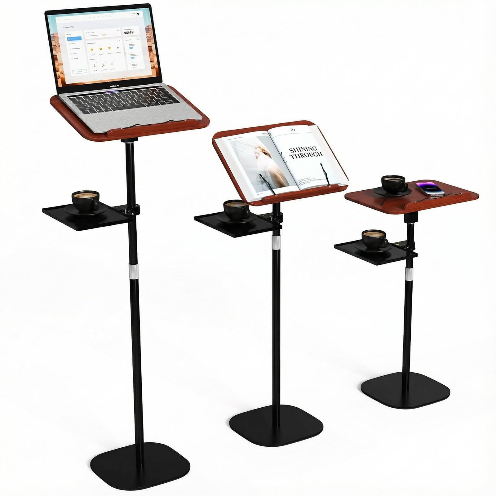 SHUWEI サイドテーブル 昇降式 トレー付き 1台4役 天板無段階角度調整 幅39×奥行26.5cm スタンディングデスク/タブレットスタンド/書見台/テーブル (ブラウン)ｍａ