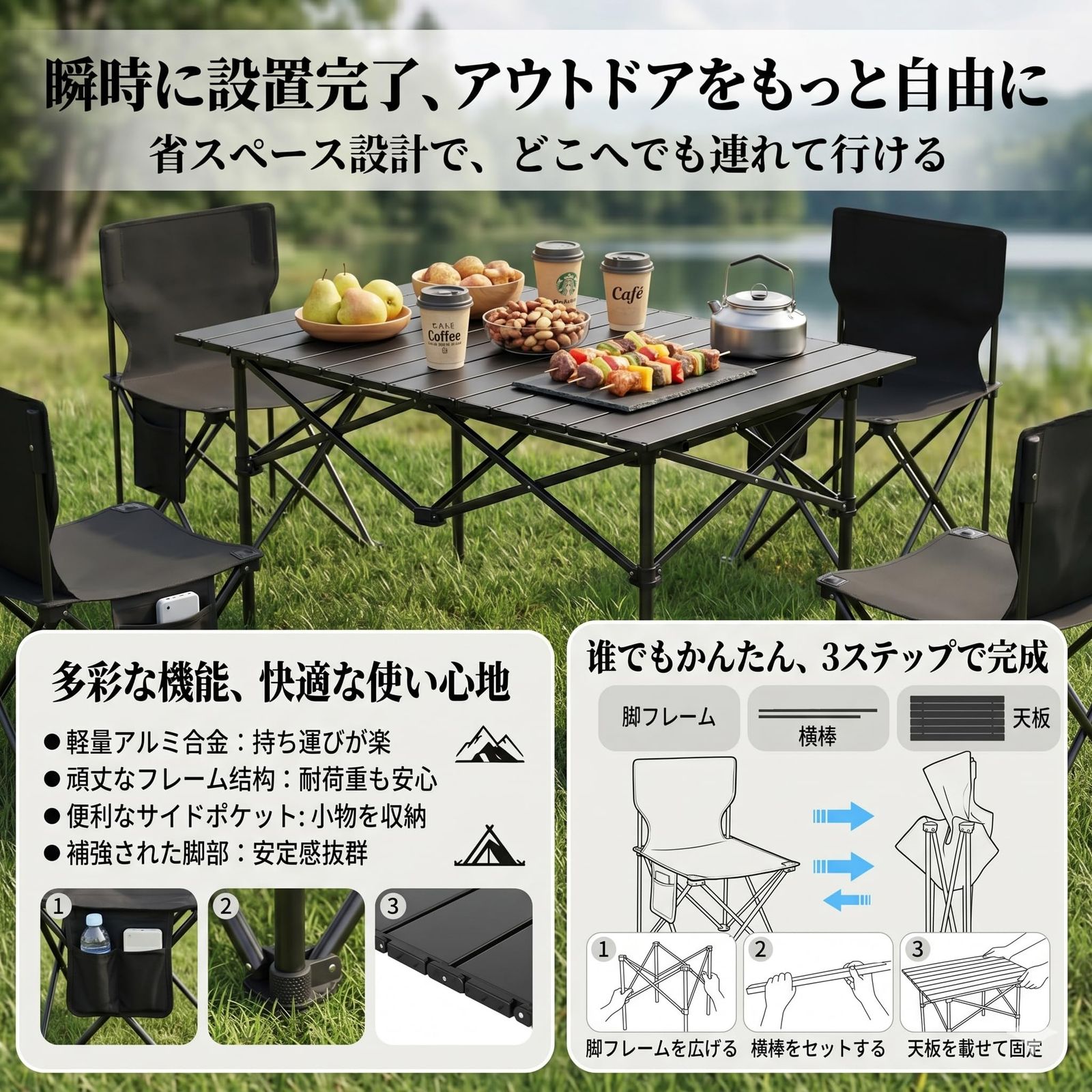 XINGMIVA アウトドアテーブルセット 7点 幅120cm キャンプ BBQ