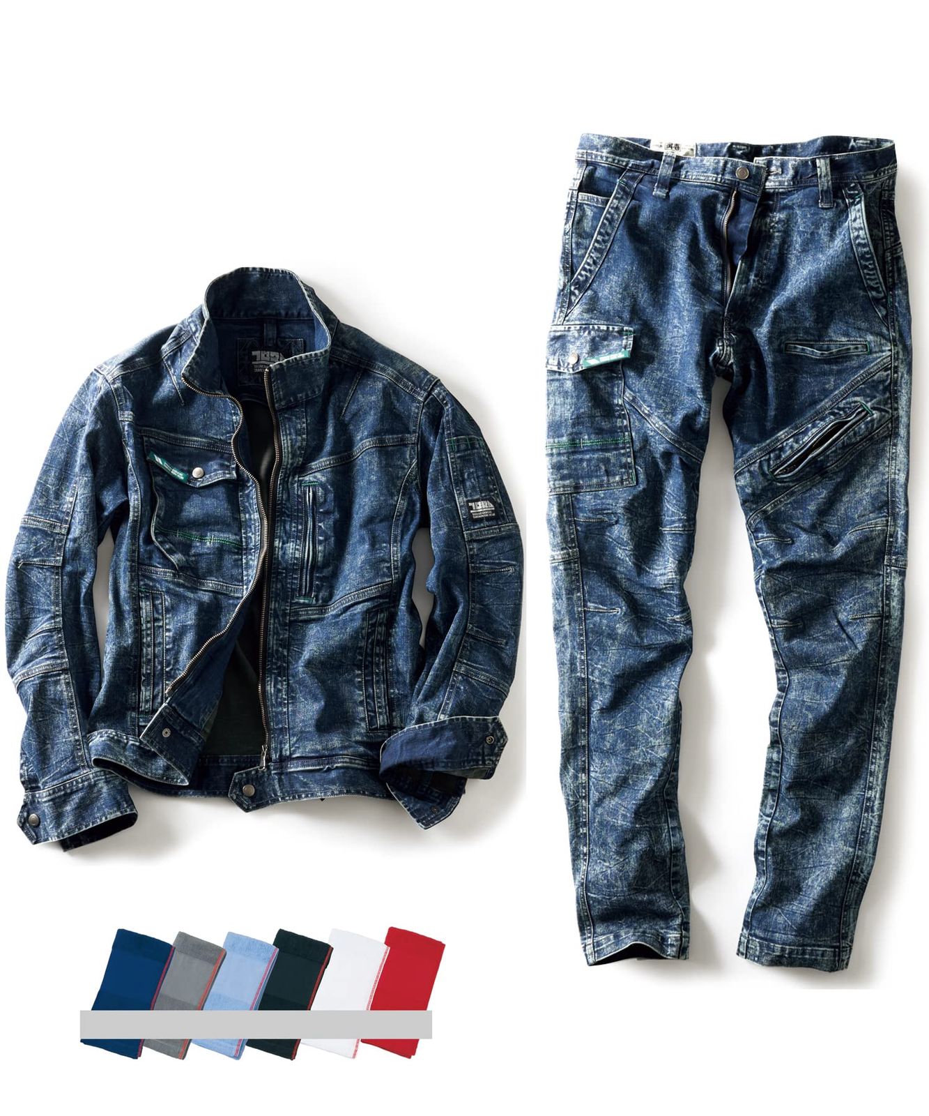 新品 [寅壱] デニム 上下セット 作業服 作業着 8920-124 長袖ブルゾン ＆ 8920-219 カーゴパンツ タオル(ネームロゴ入り) 1本付(Ｓ 04.コン) 14,290円