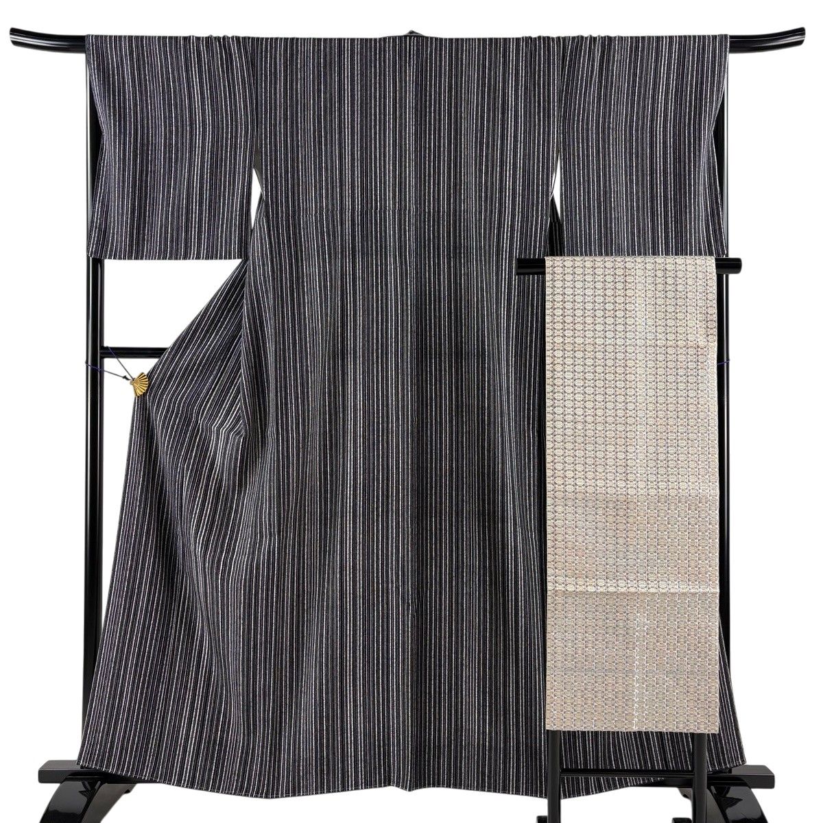 【美品】 小紋 身丈159cm 裄丈67cm M 袷 名古屋帯セット 縞 黒 正絹 秀品 【中古】