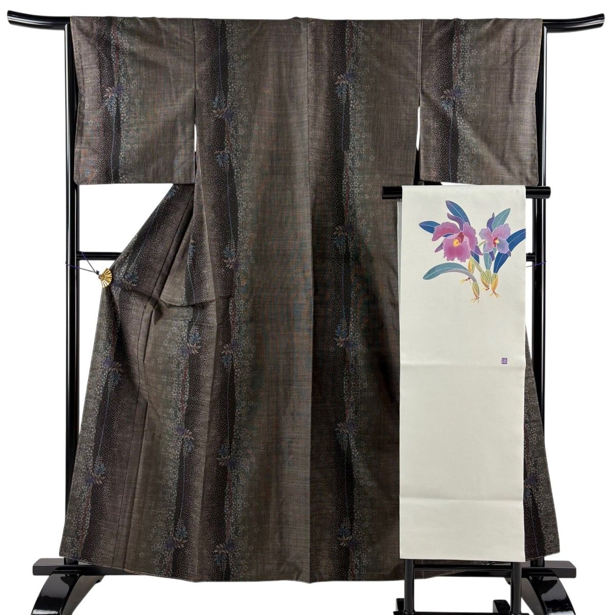 【美品】 大島紬 身丈161cm 裄丈65cm M 袷 名古屋帯セット やまと 証紙 草花 焦茶色 正絹 秀品 【中古】