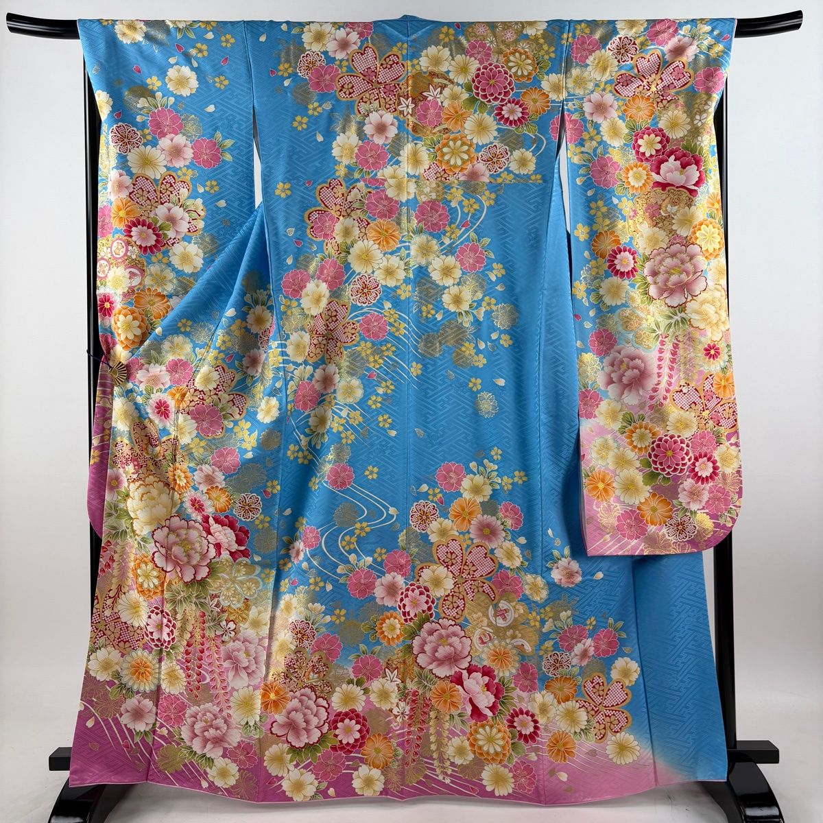 美品】 振袖 身丈165cm 裄丈67cm M 袷 袋帯フルセット 牡丹 桜 金糸