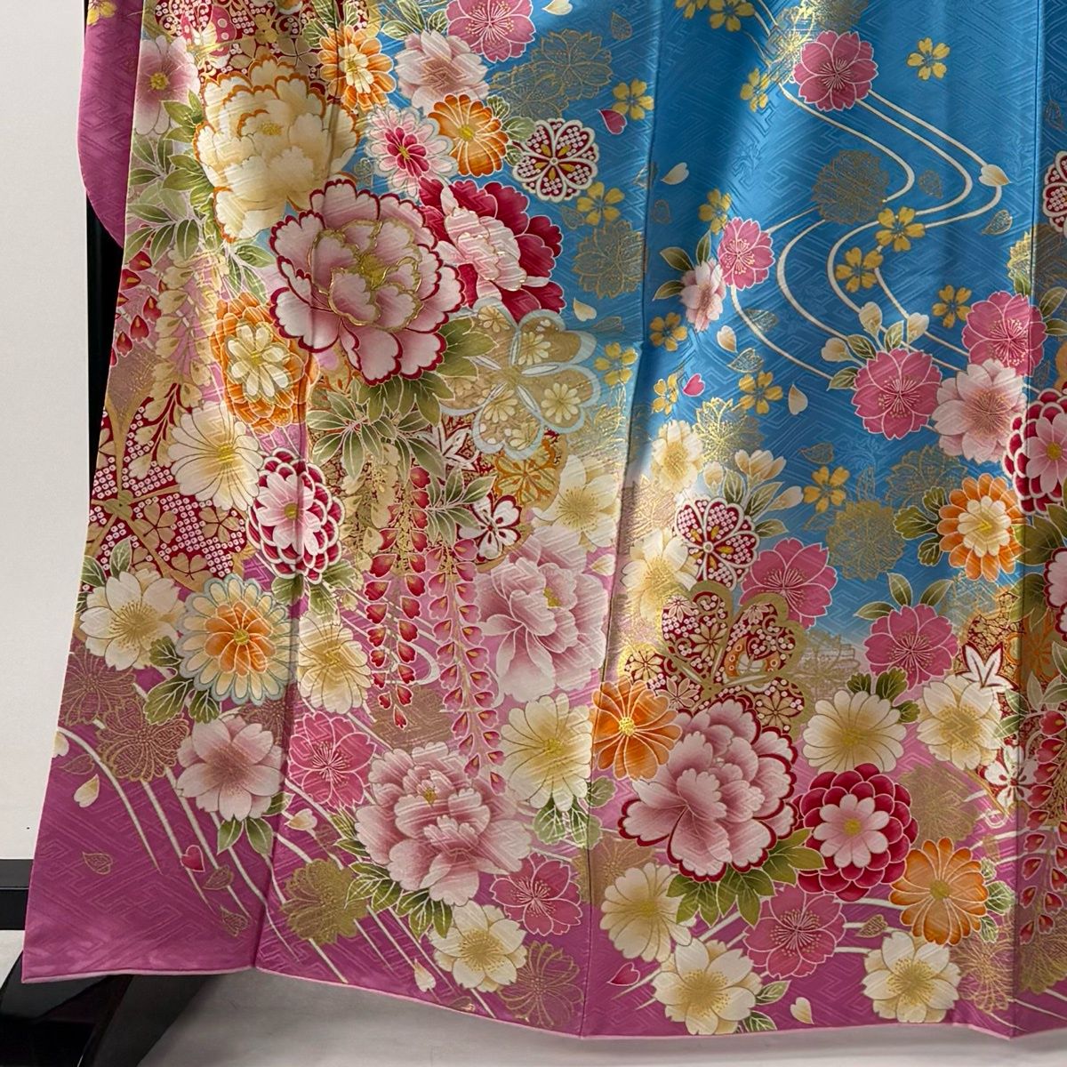 美品】 振袖 身丈165cm 裄丈67cm M 袷 袋帯フルセット 牡丹 桜 金糸