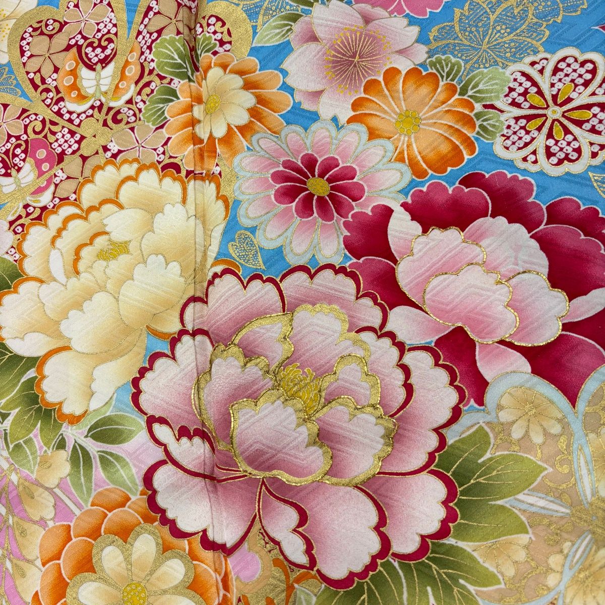 美品】 振袖 身丈165cm 裄丈67cm M 袷 袋帯フルセット 牡丹 桜 金糸