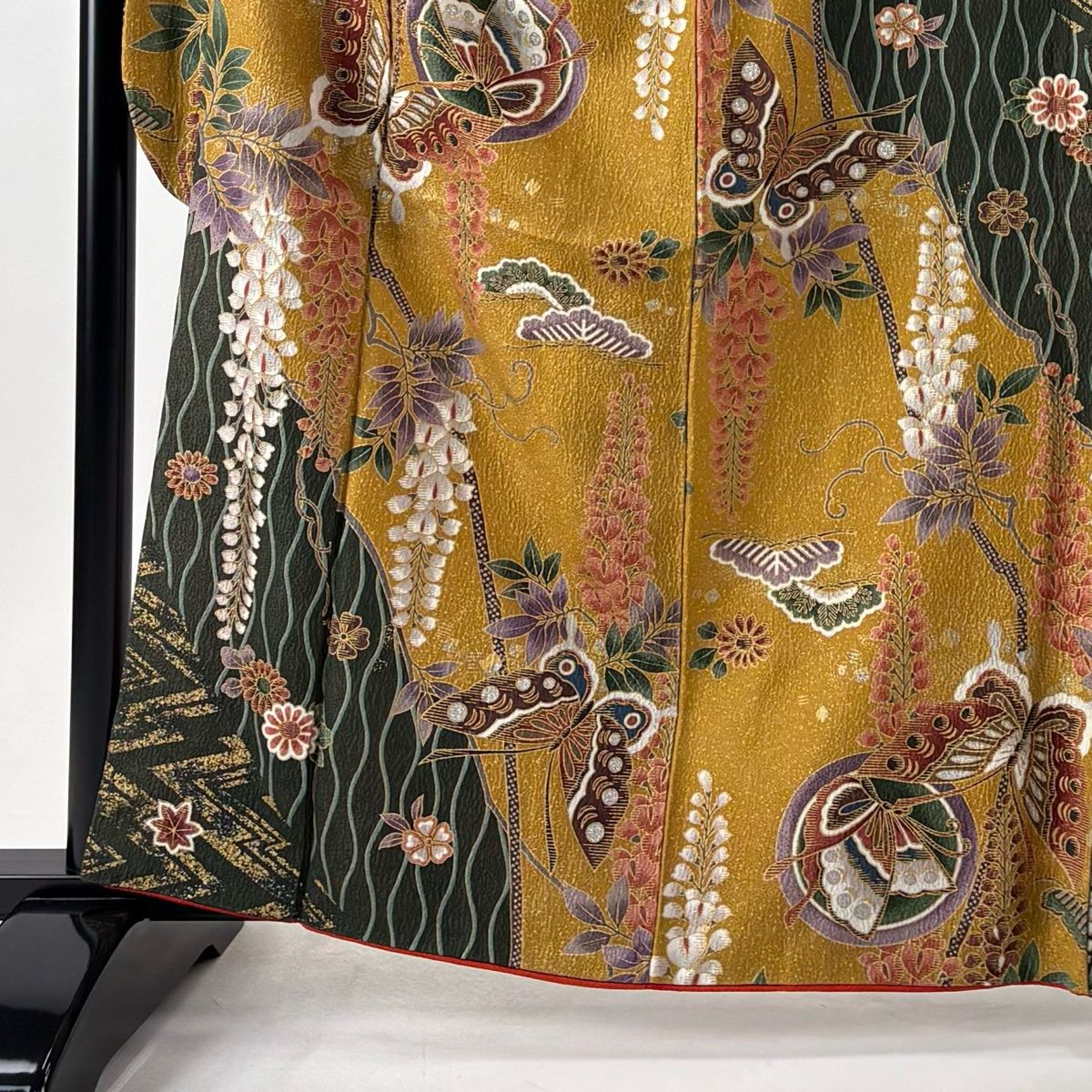 振袖 身丈164cm 裄丈66cm M 袷 袋帯フルセット 蝶 藤 金彩 箔 山吹茶色 振袖 身丈164cm 裄丈66cm M 袷 袋帯フルセット 蝶 藤 金彩 箔 山吹茶色