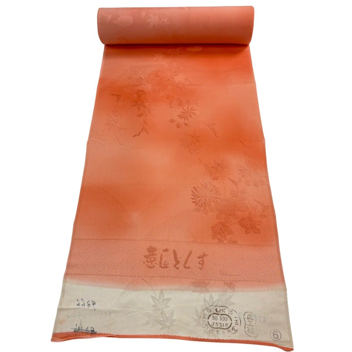 反物 秀品 小紋 菊 ぼかし 朱色 正絹 【中古】