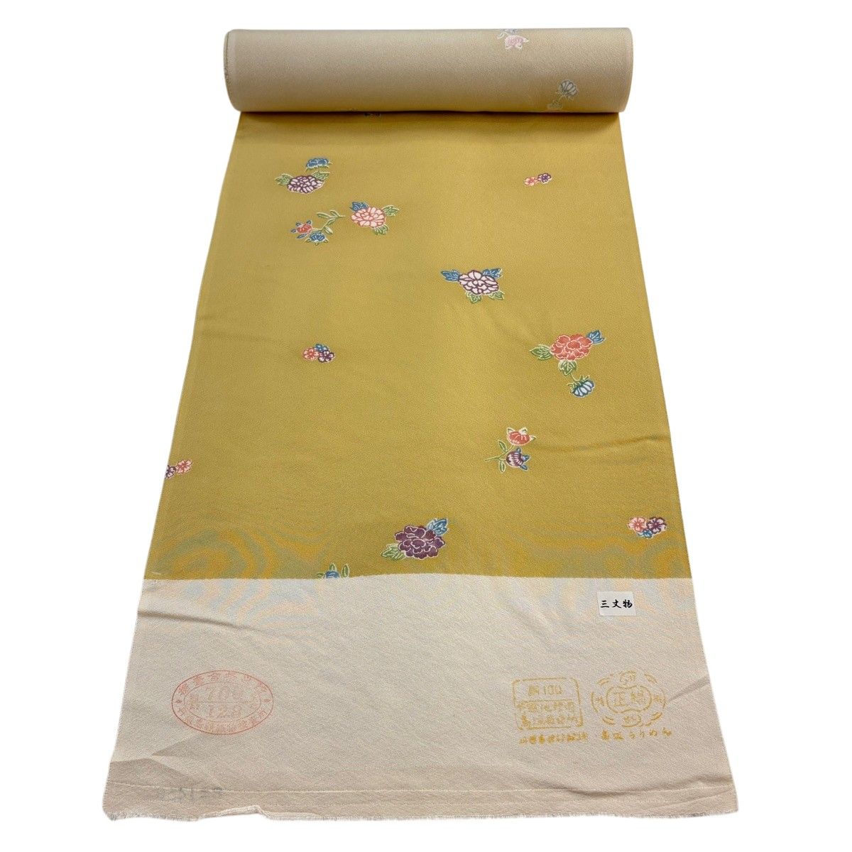 反物 秀品 小紋 草花 からし色 正絹 【中古】