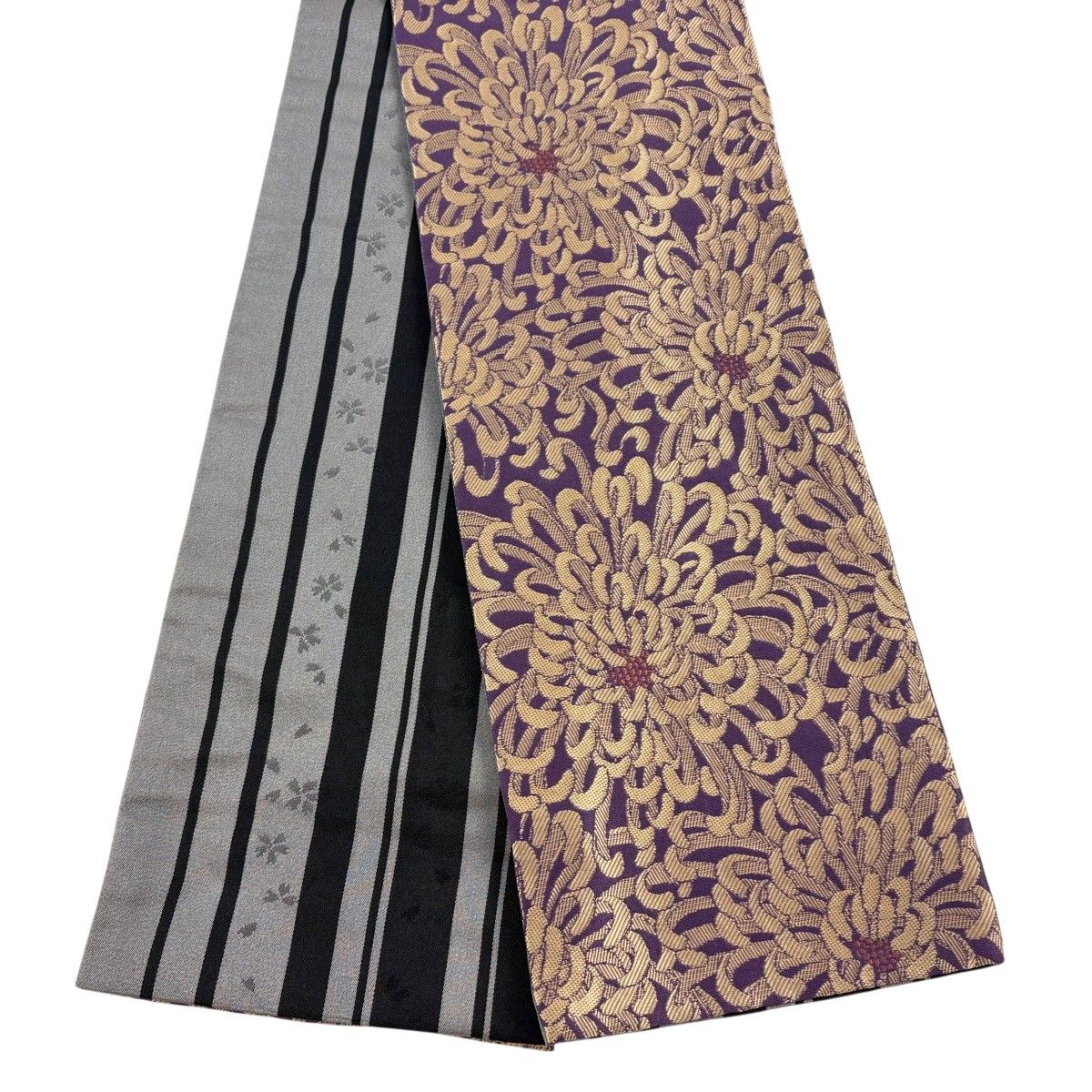 【美品】半幅帯 優品 乱菊 紫 化繊 【中古】