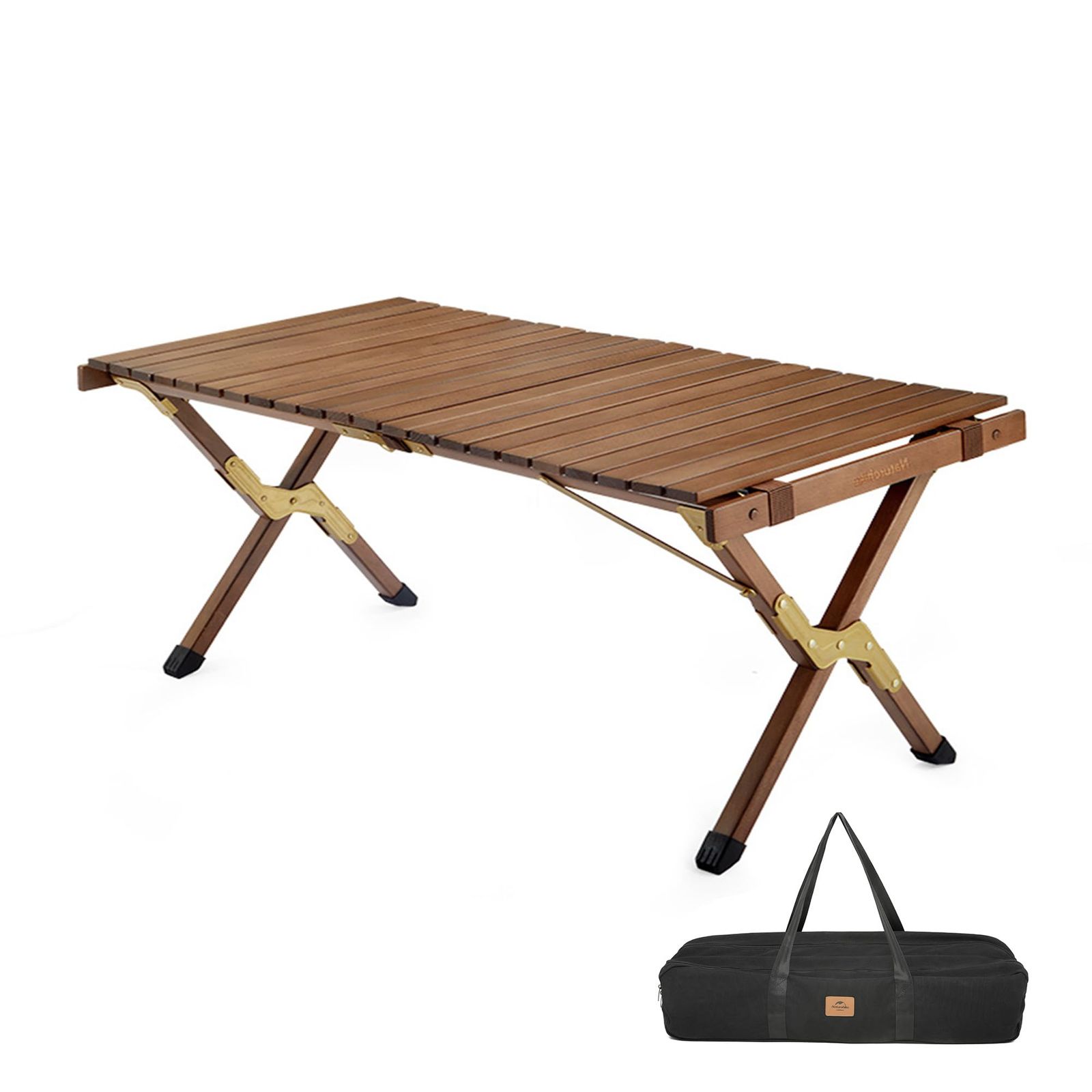 Naturehike ウッドロールテーブル 122cm 大型 木製 アウトドア キャンプ バーベキュー 折りたたみ 収納袋付 ブラウン
