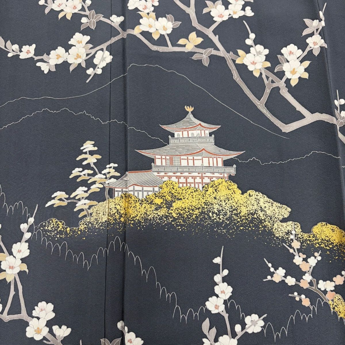 訪問着 身丈157cm 裄丈64cm M 袷 落款 建物 枝花 金彩 灰色 正絹 秀品