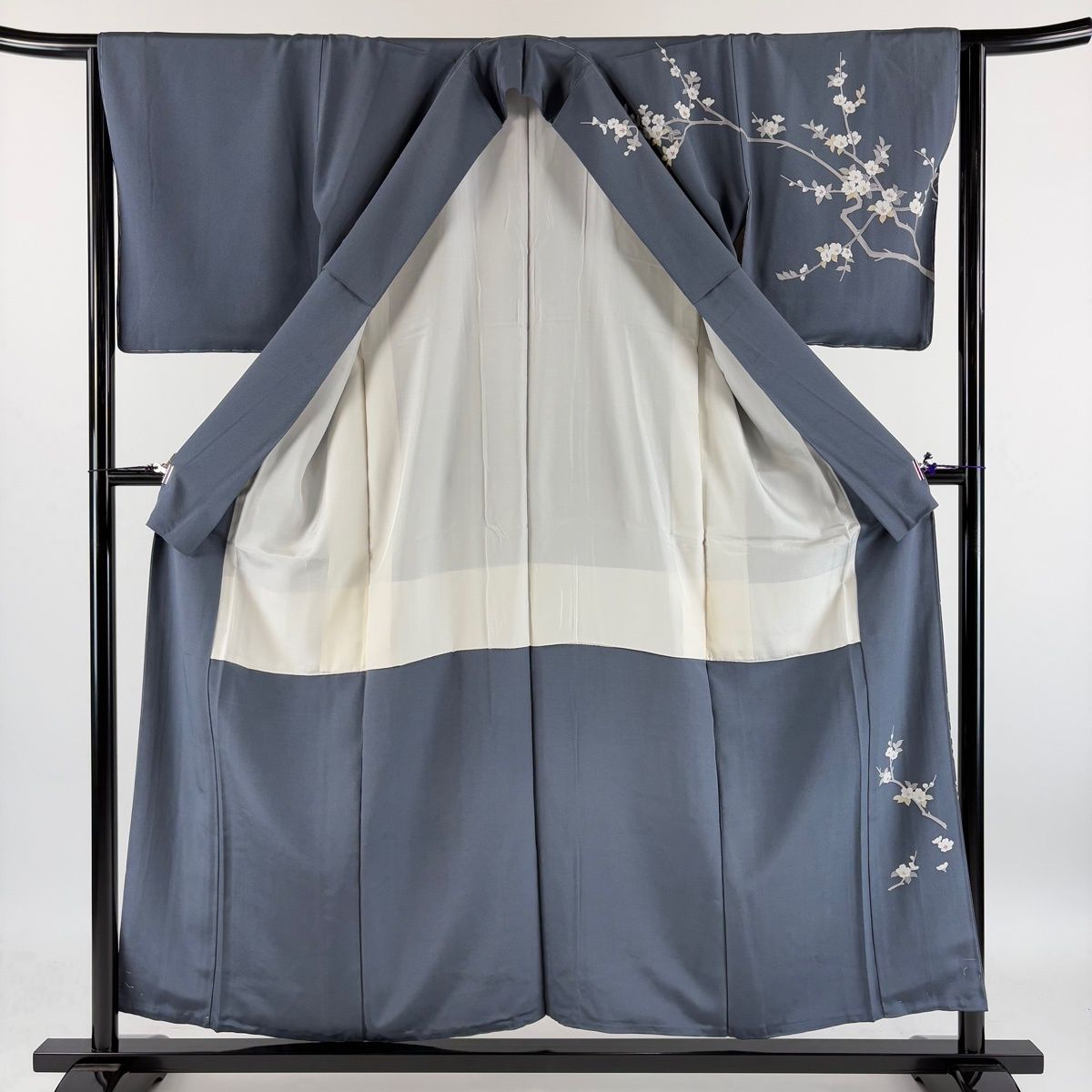 訪問着 身丈157cm 裄丈64cm M 袷 落款 建物 枝花 金彩 灰色 正絹 秀品