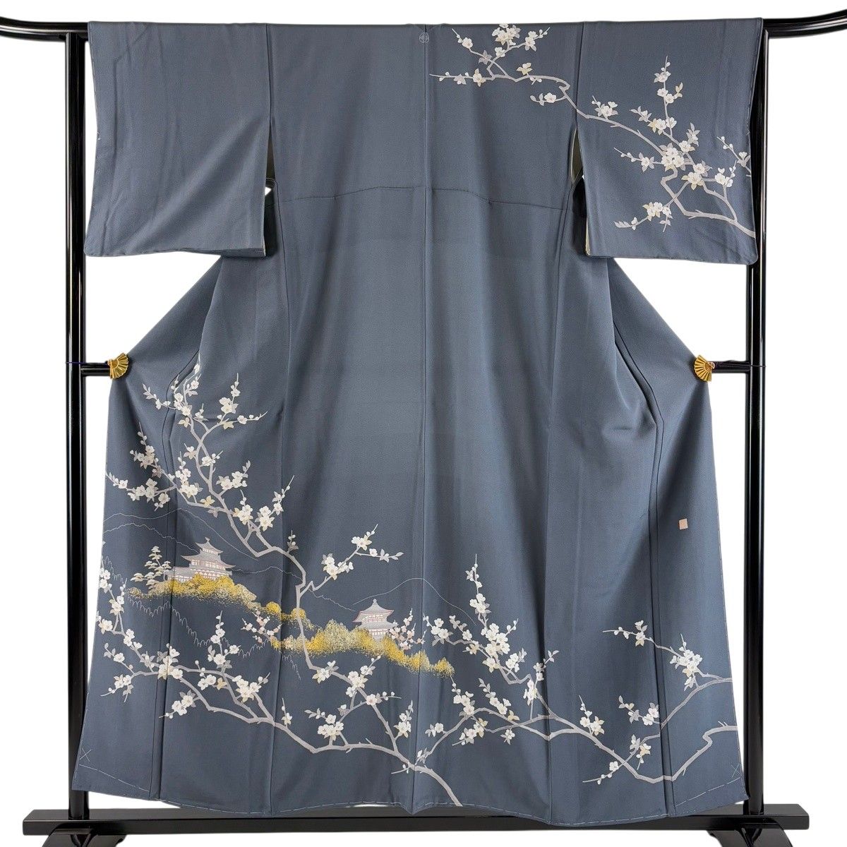 訪問着 身丈157cm 裄丈64cm M 袷 落款 建物 枝花 金彩 灰色 正絹 秀品