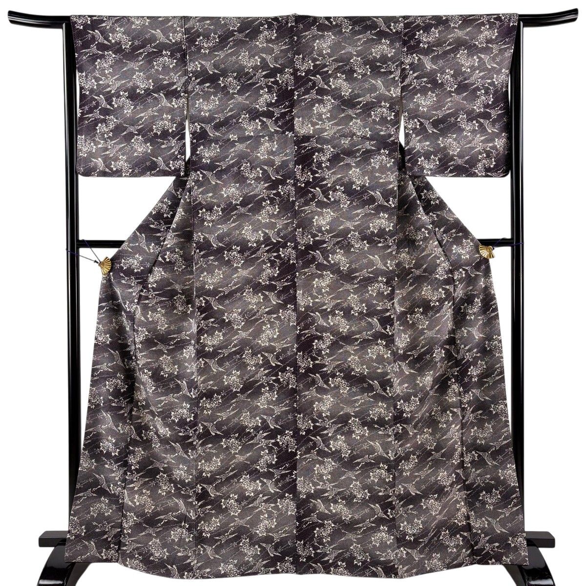 小紋 身丈165.5cm 裄丈64cm M 袷 鶴 草花 ぼかし 濃紫 正絹 秀品 【中古】
