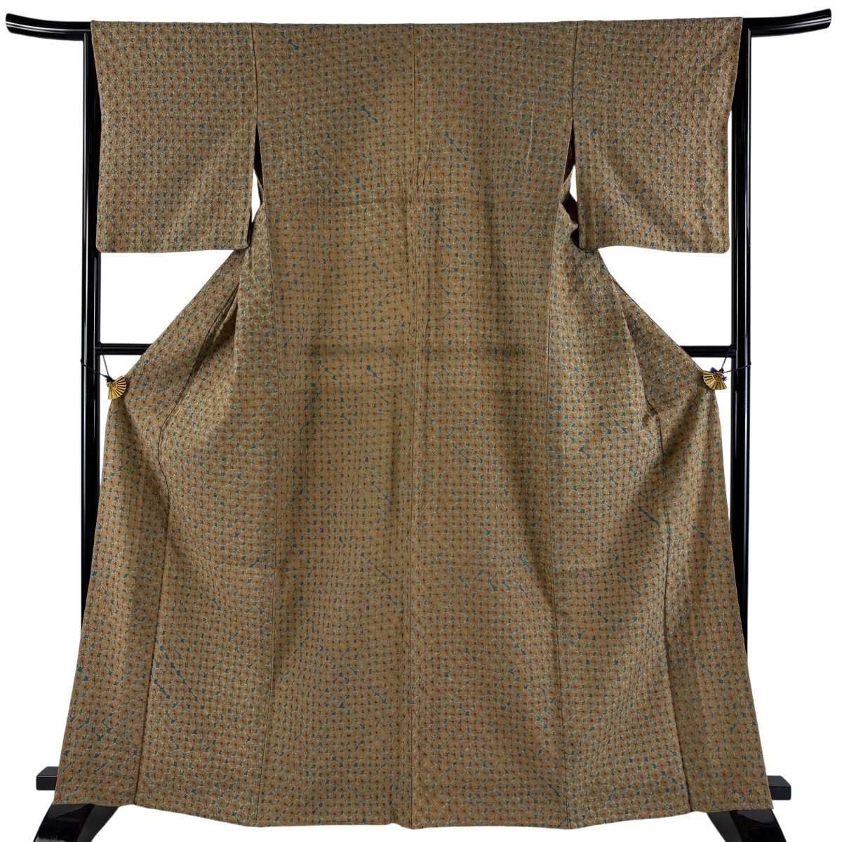 小紋 身丈165.5cm 裄丈64cm M 単衣 幾何学模様 絞り 薄茶色 正絹 秀品 【中古】