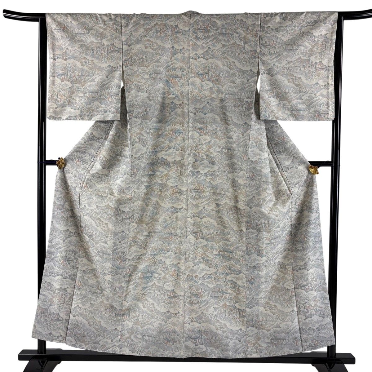 紬 身丈156cm 裄丈64cm M 袷 風景 人物 灰白 正絹 秀品 【中古】