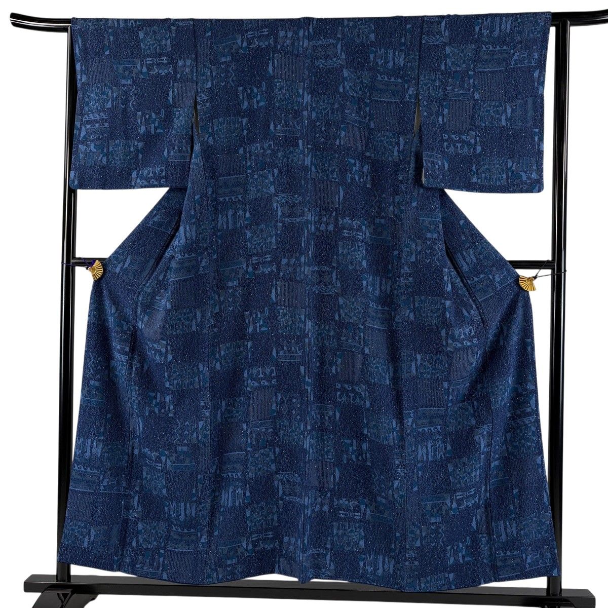 【美品】 小紋 身丈155cm 裄丈64cm M 袷 コプト柄 草花 藍色 正絹 秀品 【中古】