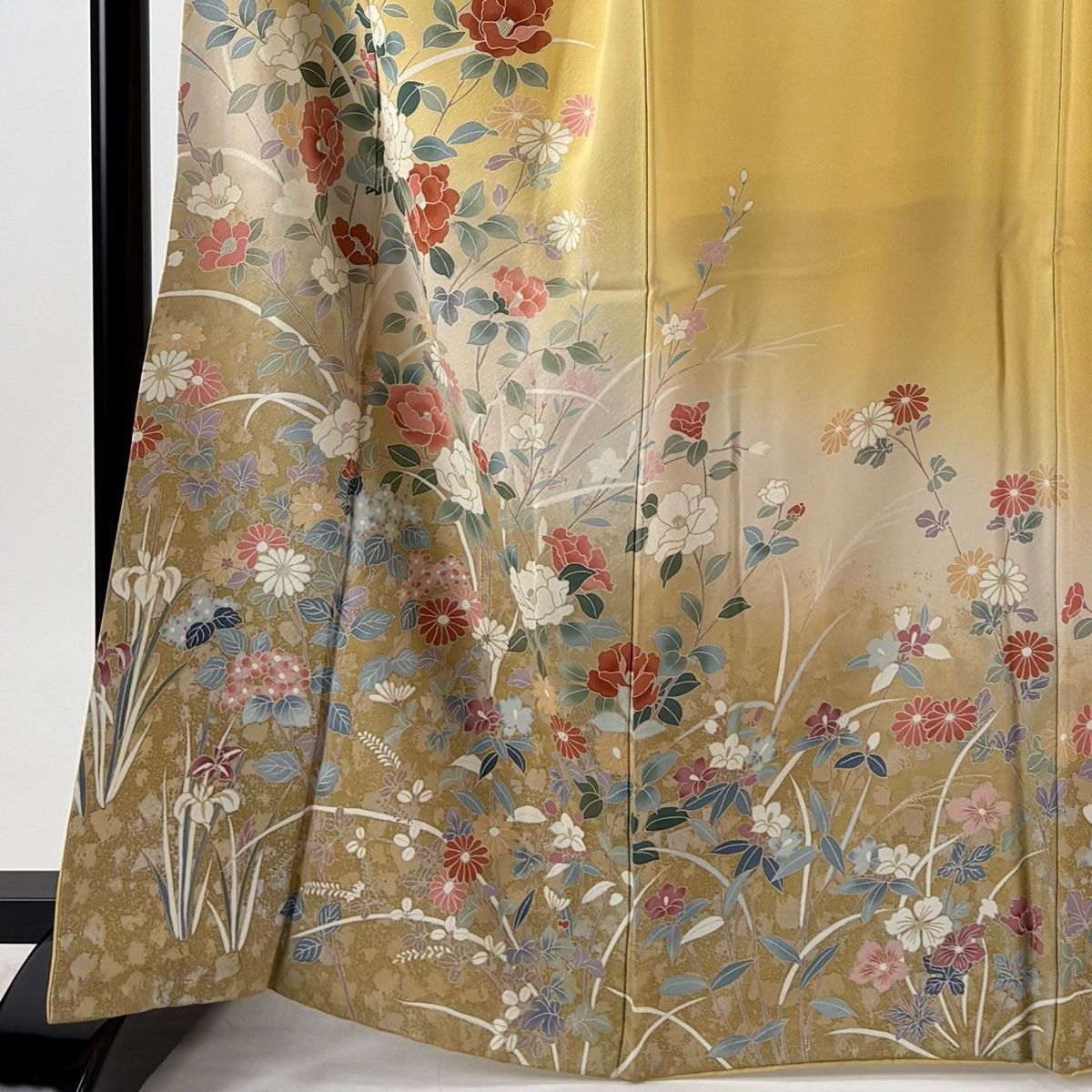 訪問着 身丈165cm 裄丈67.5cm L 袷 椿 菊 染め分け ぼかし からし色