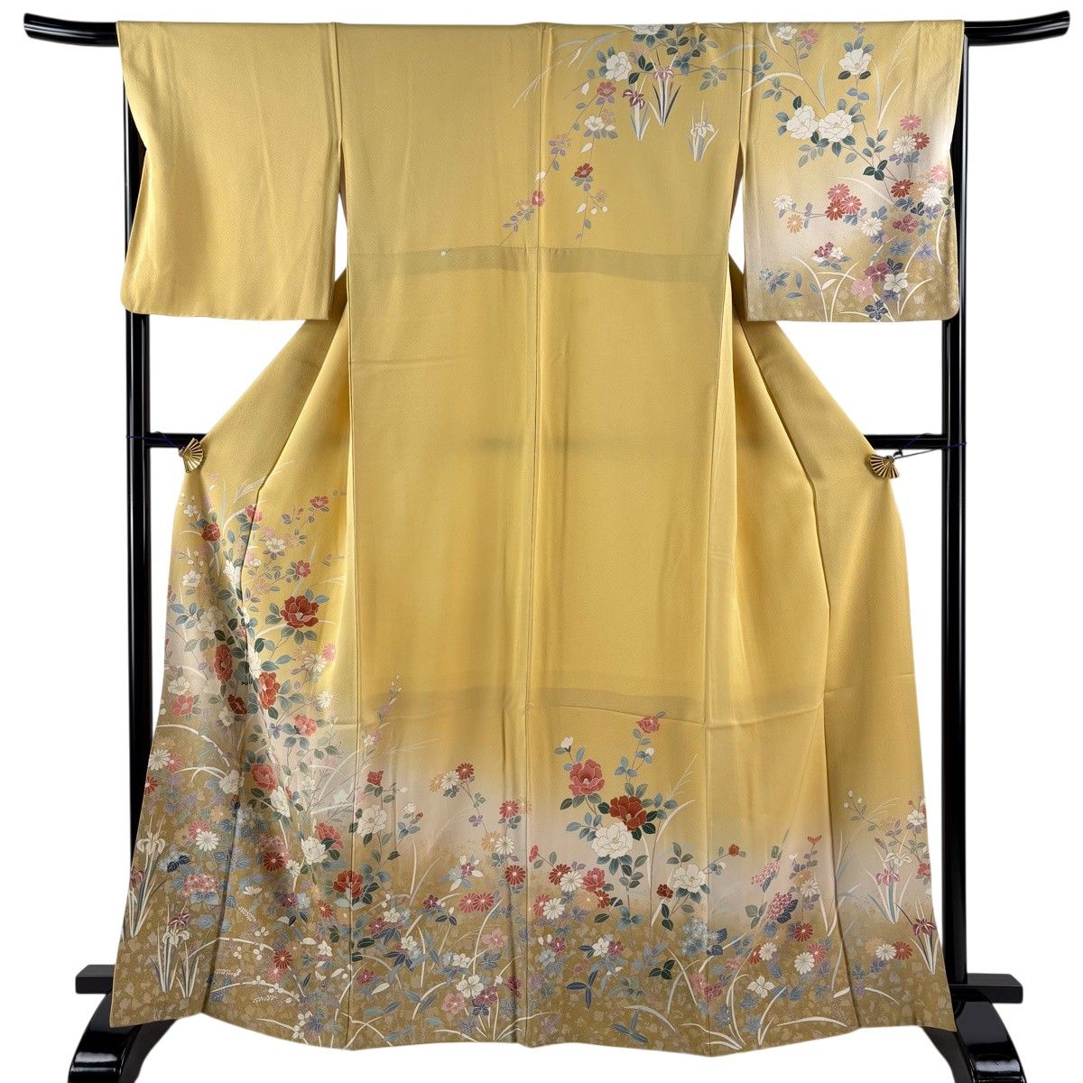 訪問着 身丈165cm 裄丈67.5cm L 袷 椿 菊 染め分け ぼかし からし色