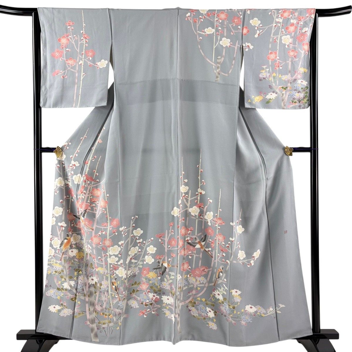 訪問着 身丈158.5cm 裄丈64cm M 袷 落款 鳥 枝梅 灰色 正絹 秀品