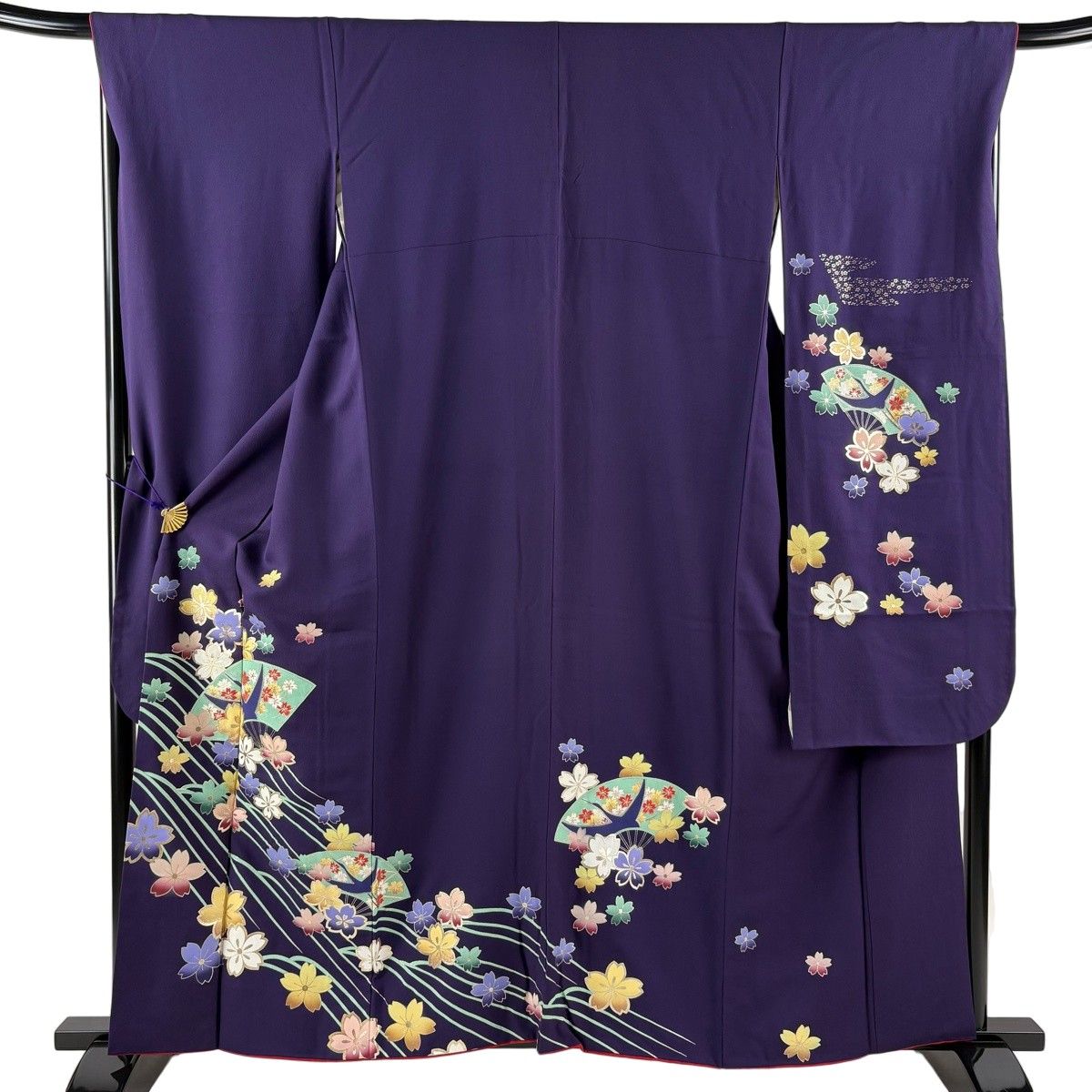 振袖 身丈159.5cm 裄丈68.5cm L 袷 桜 扇 金彩 紫 正絹 秀品 【中古】