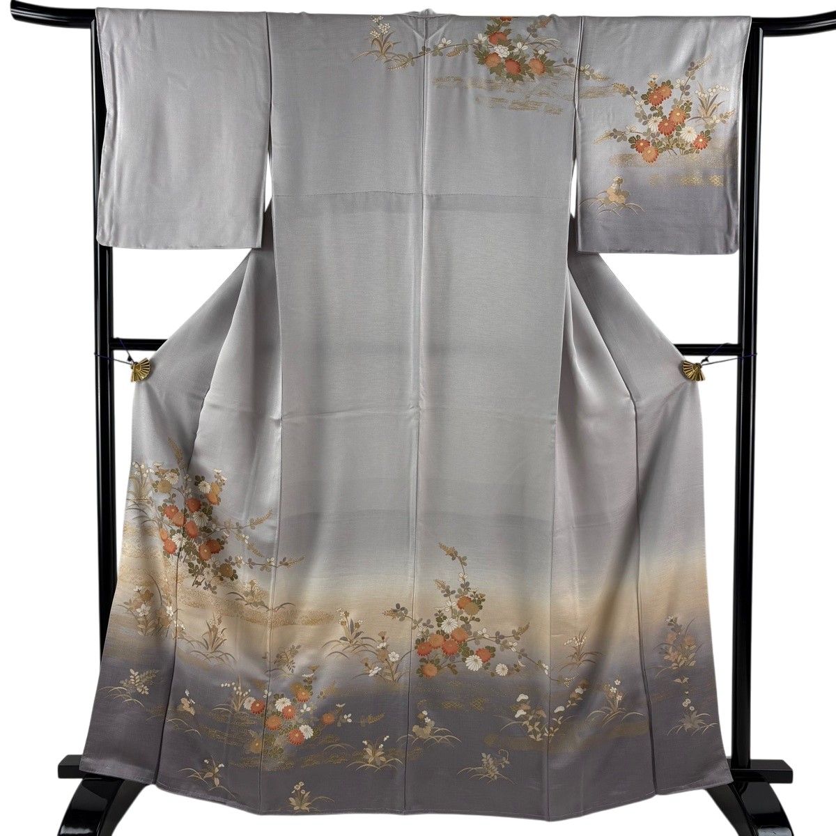 訪問着 身丈166cm 裄丈65.5cm M 袷 秋草 ヱ霞 金彩 ぼかし 灰紫 正絹 秀品 【中古】
