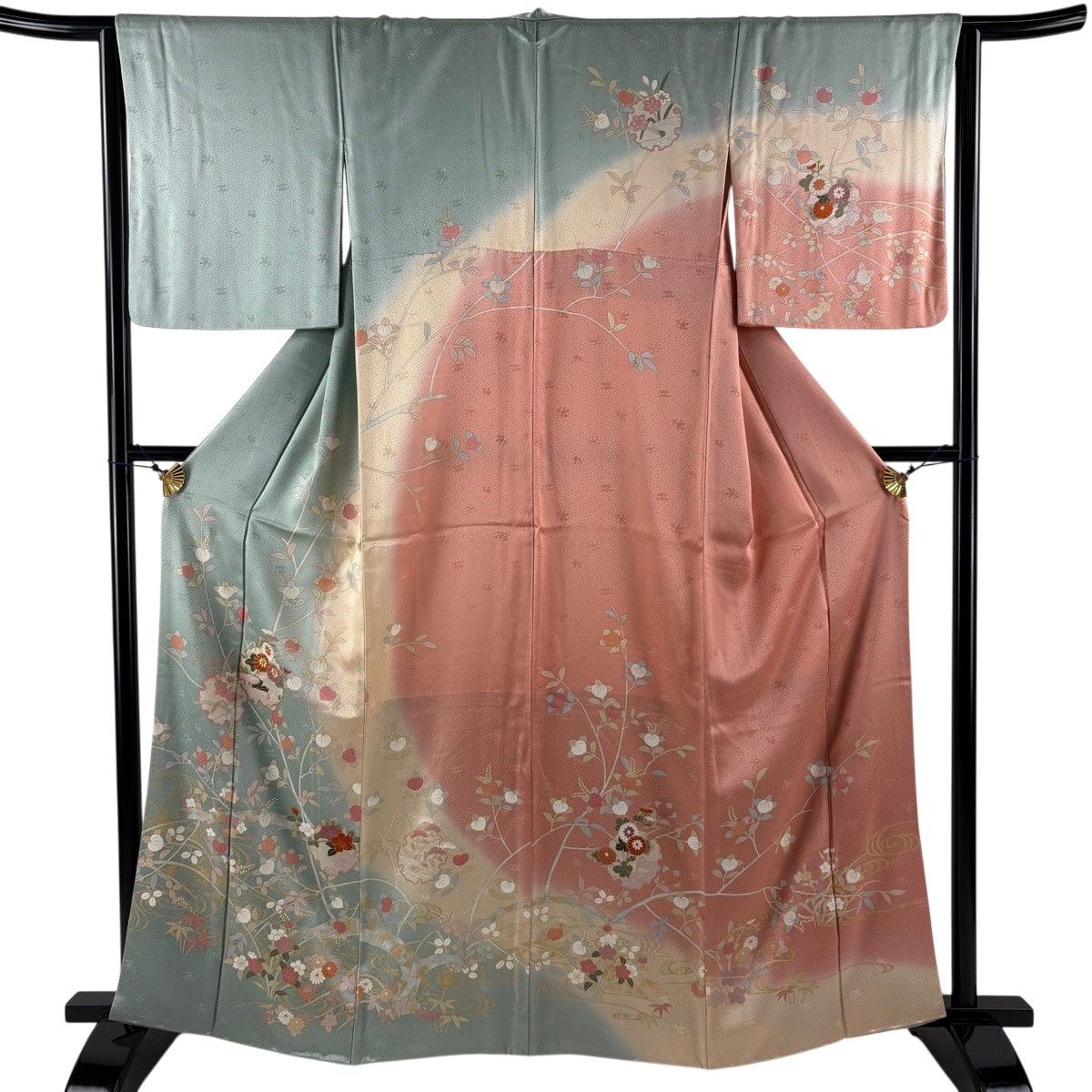訪問着 身丈163cm 裄丈65.5cm M 袷 雪輪 草花 金糸 金彩 薄緑 正絹 秀品 【中古】
