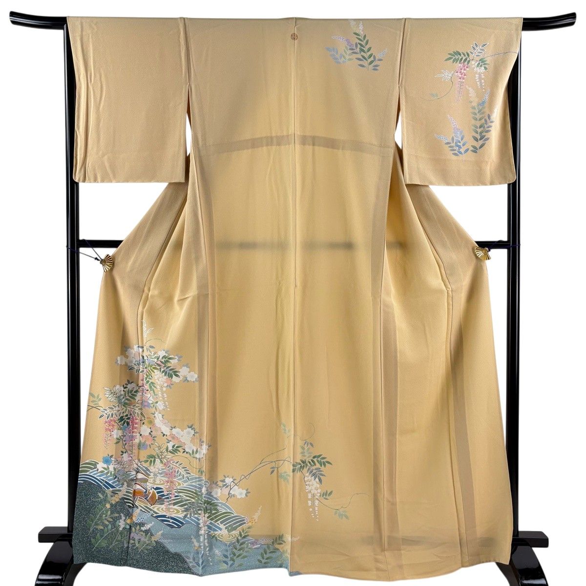 訪問着 身丈166.5cm 裄丈66.5cm M 袷 藤 鴛鴦 薄黄 正絹 秀品 一つ紋 【中古】