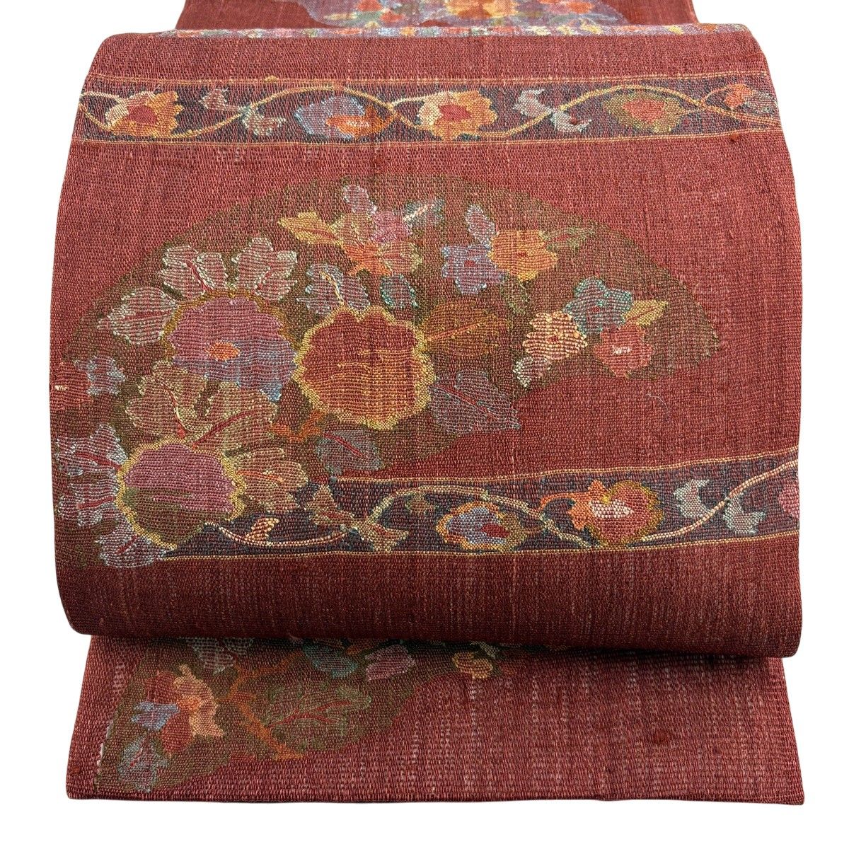 【美品】 袋帯 秀品 夏帯 草花 花唐草 えんじ色 お太鼓柄 正絹 【中古】 8,850円