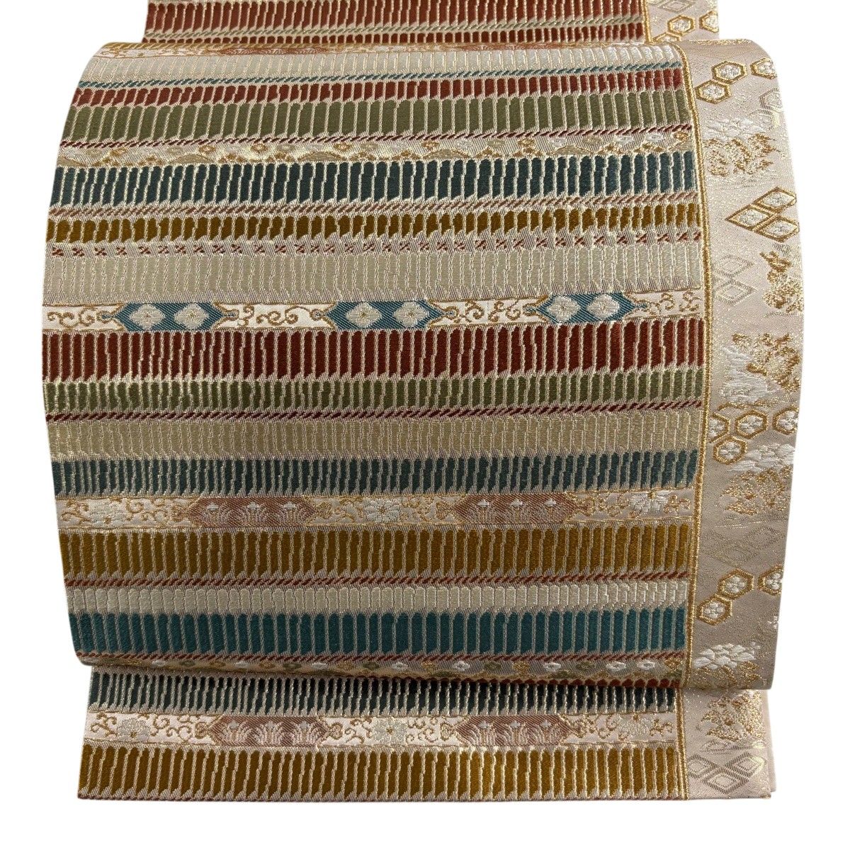 【美品】 袋帯 秀品 河村織物 落款 源平威紋 金糸 箔 ベージュ 六通 正絹 【中古】